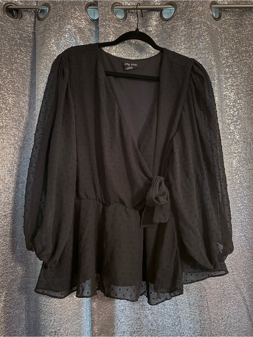 City Chic Black Textured Tie-Front Peplum Top